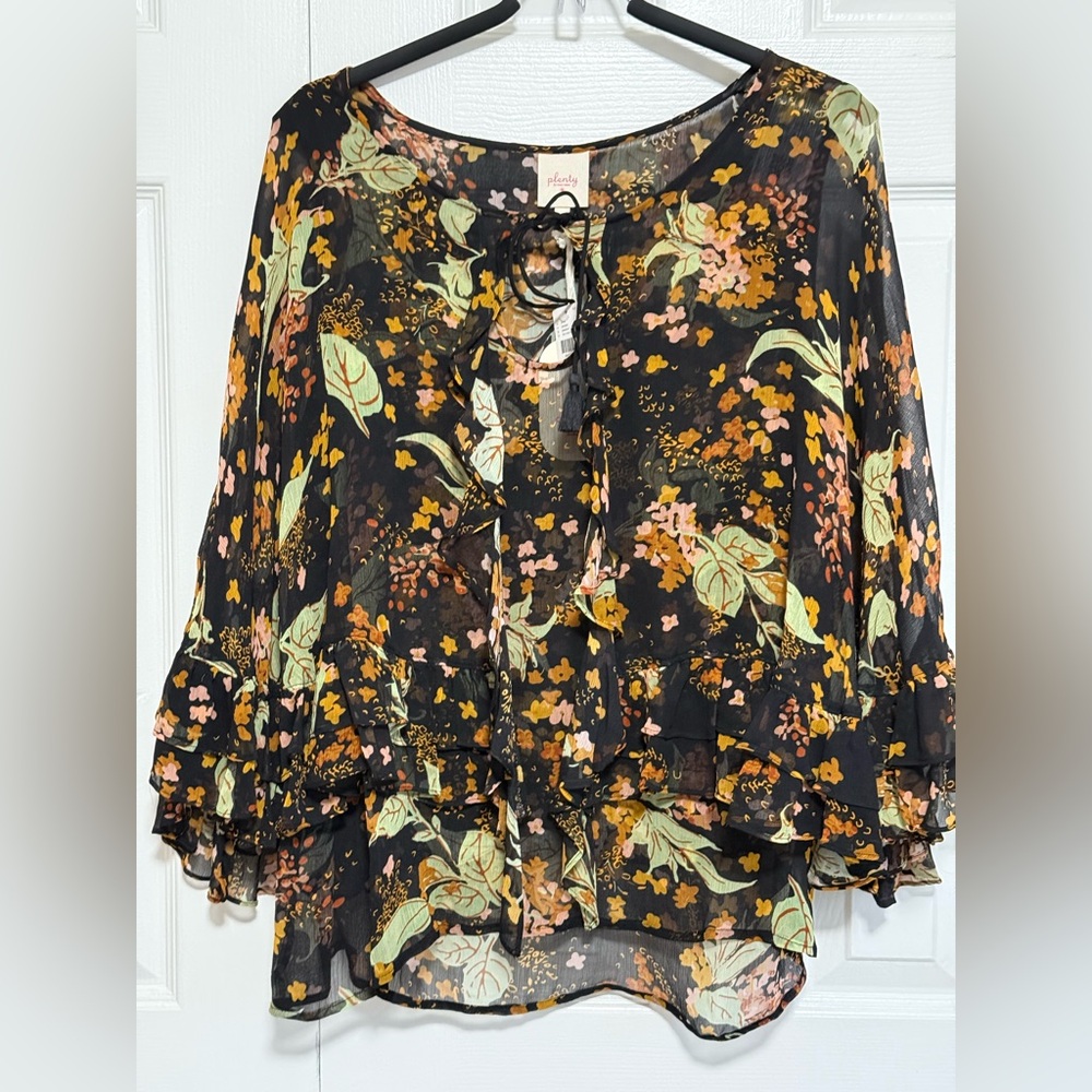 NWT- Anthropologie -PLENTY, sheer printed Kappa, black motif, Floral Blouse. M - Picture 2 of 8